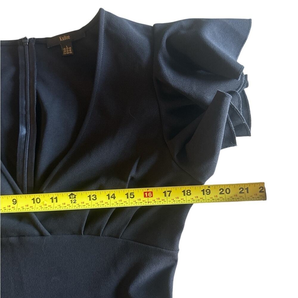 Black Ruffle Sleeve Fitted Midi Dress Front Slit Cocktail Evening Size 12 - Picture 7 of 7